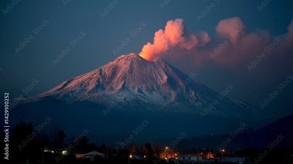 Fototapeta premium Volcanic eruption at dusk, snow capped mountain, orange and pink plume of smoke against a twilight sky, small town in the foreground.