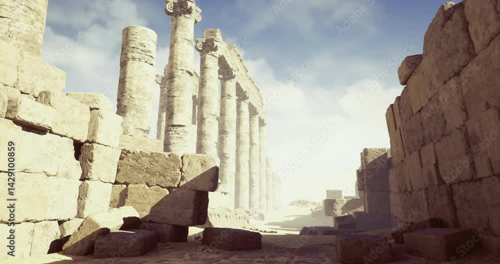 Fragmented Columns Ruins of an ancient structure display tall stone columns and fragmented ...