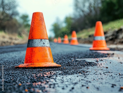 Road construction safety measures orange traffic cones on asphalt road urban environment outdoor viewpoint