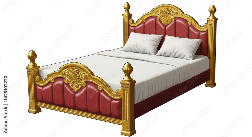 Isolated Luxurious Red and Gold Bed with Pillows and Ornate Details Isolated Luxurious Red and Gold Bed with Pillows and Ornate Details