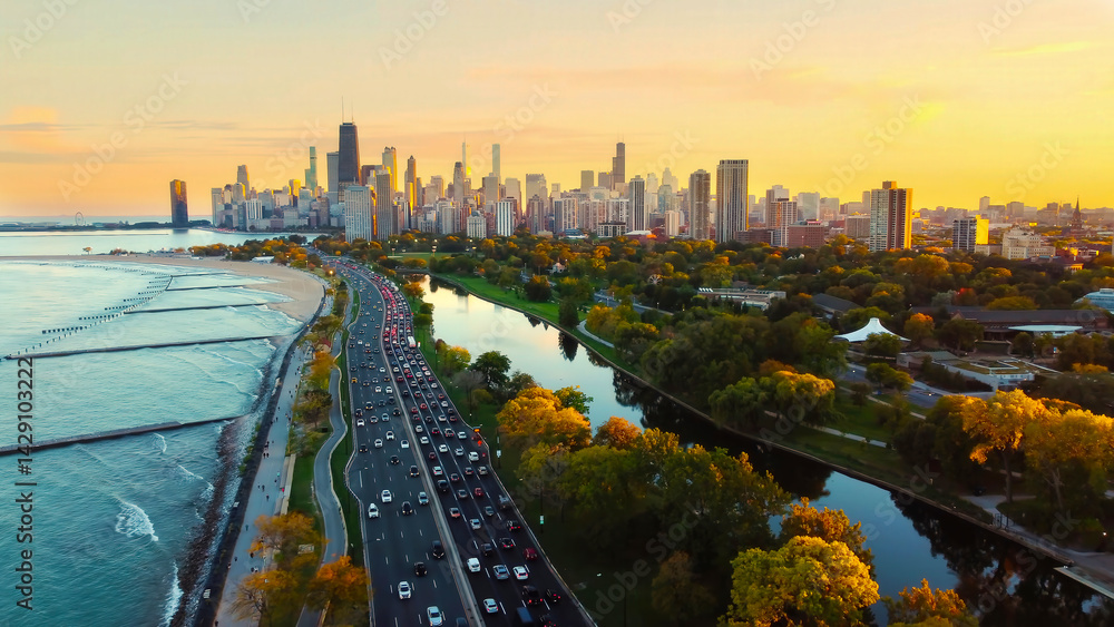 Obraz premium Chicago Cityscape at Sunset with Lakefront View. Aerial view of Chicago skyline at sunset, showing Lake Michigan shoreline, tree-lined parks, and a busy roadway along the waterfront.
