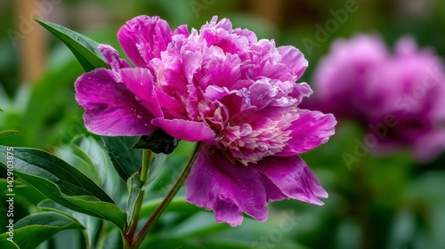 Close up view of a vibrant purple peony in full bloom, showcasing its delicate petals and lush green foliage. Water droplets are visible on the petals.