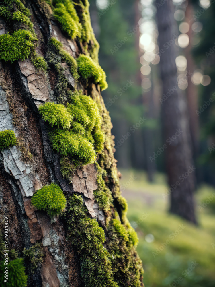 Obraz premium Artistic Earth Day Backdrop with Close-Up of Tree Bark and Green Moss