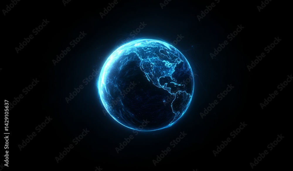 Glowing, digital representation of Earth. Intricate network of lines highlighting continents and oceans, set against a dark background Glowing, digital representation of Earth. Intricate network of lines highlighting continents and oceans, set against a dark background