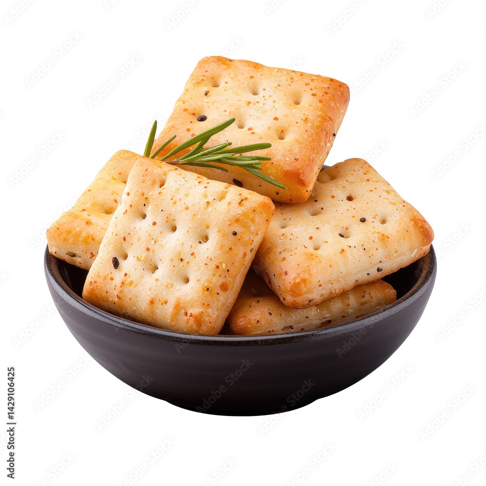 Crispy golden baked crackers stacked in a black bowl garnished with a sprig of fresh rosemary on transparent background perfect snack or appetizer serving idea. Crispy golden baked crackers stacked in a black bowl garnished with a sprig of fresh rosemary on transparent background perfect snack or appetizer serving idea.