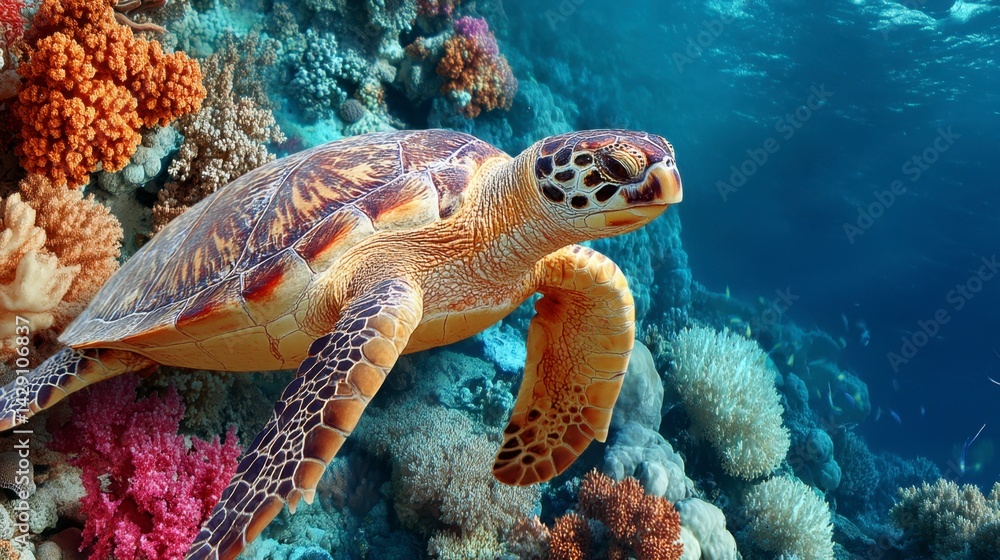 Fototapeta premium Hawksbill sea turtle swimming amidst vibrant coral reef. Underwater scene with sunlight.