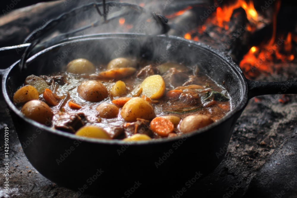 Hearty meat and vegetable stew simmering in cast iron pot over open fire hearth
Hearty meat and vegetable stew simmering in cast iron pot over open fire hearth