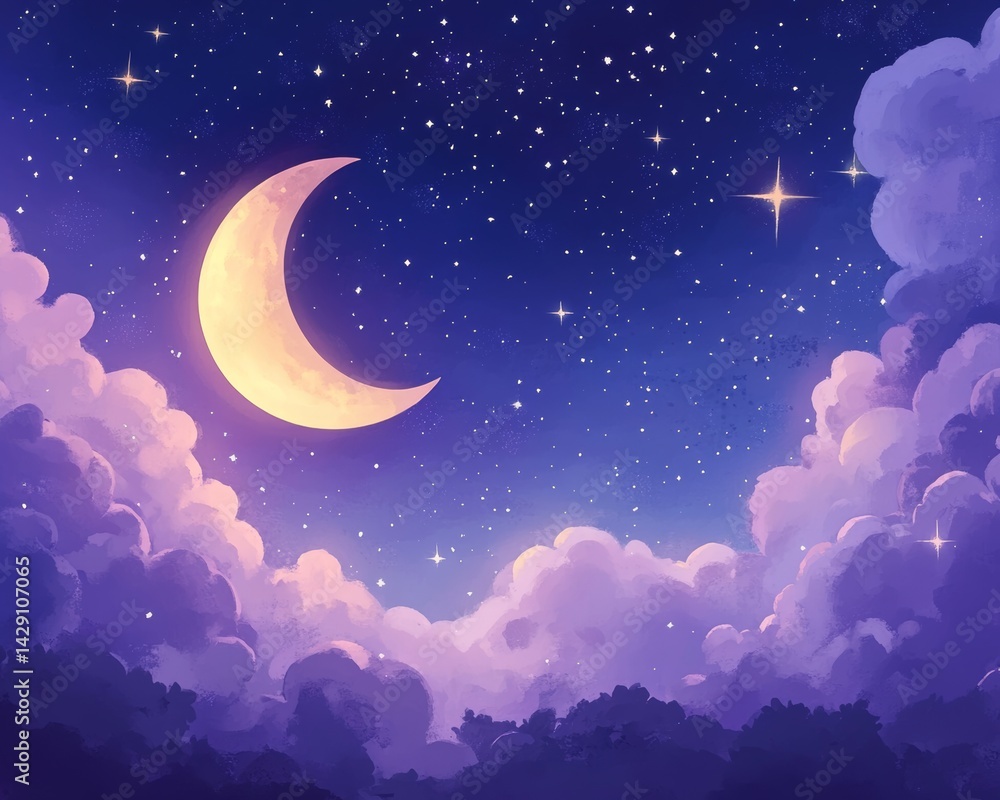 Naklejka premium Pixel art night sky with crescent moon, purple clouds, and sparkling stars. Dreamy and serene atmosphere, soft colors.