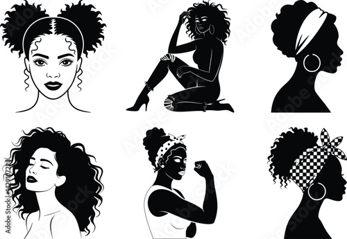 Juneteenth Freedom Day Black Woman Silhouette Clipart SVG Bundle. Powerful Black Woman, Black History, Afro Woman Juneteenth, Melanin Magic, Juneteenth, Pride, and Celebration Vector Illustration.