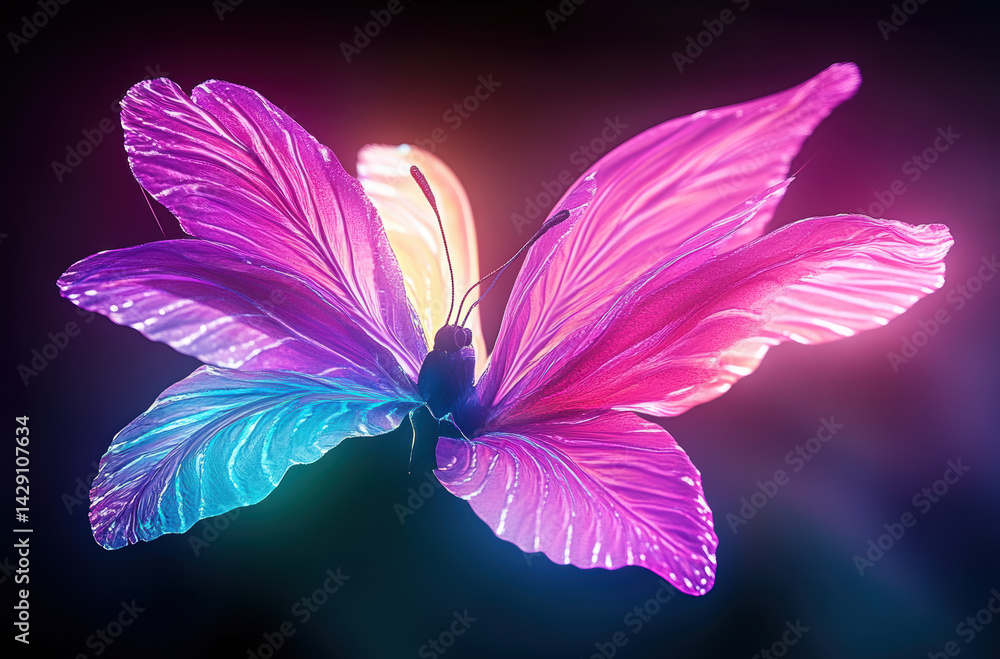 Fototapeta premium vibrant butterfly with purple and blue gradient wings, glowing against dark background