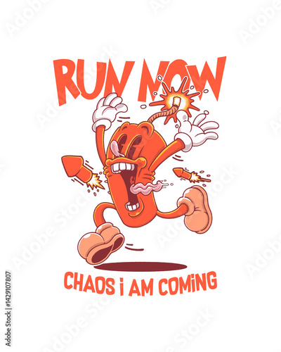 Explosive cartoon character in chaos mode, running wild with panic and mayhem.