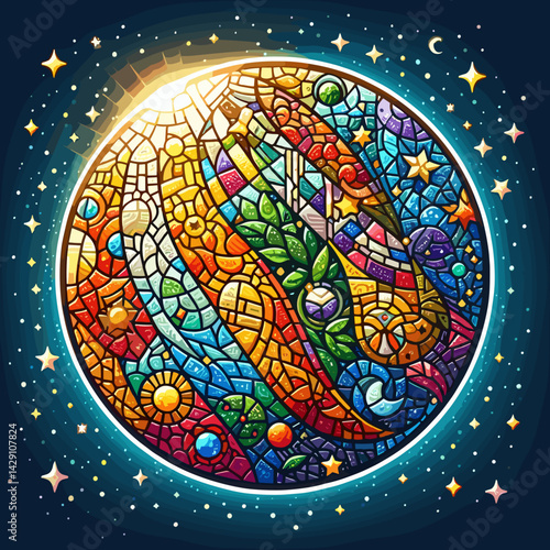 Vibrant stained glass illustration of a cosmic scene with planets, stars, and colorful patterns