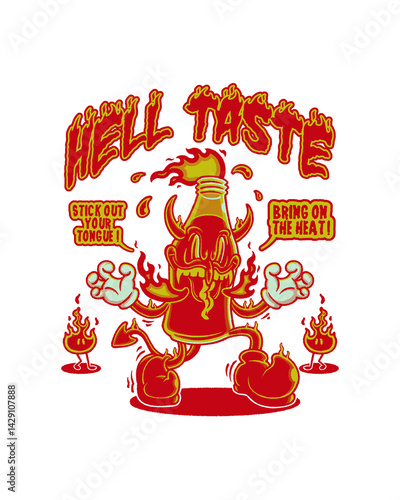 Vintage cartoon illustration of a fiery hot sauce bottle demon with attitude.