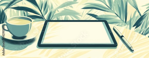 A tablet with a blank screen rests on a table next to a cup of coffee, surrounded by stylized tropical leaves. The color palette is muted, with teal and beige tones dominating.