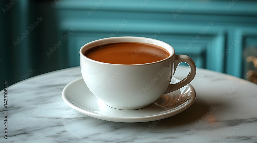 Warm Brown Hot Chocolate in White Mug on Marble Table Warm Brown Hot Chocolate in White Mug on Marble Table