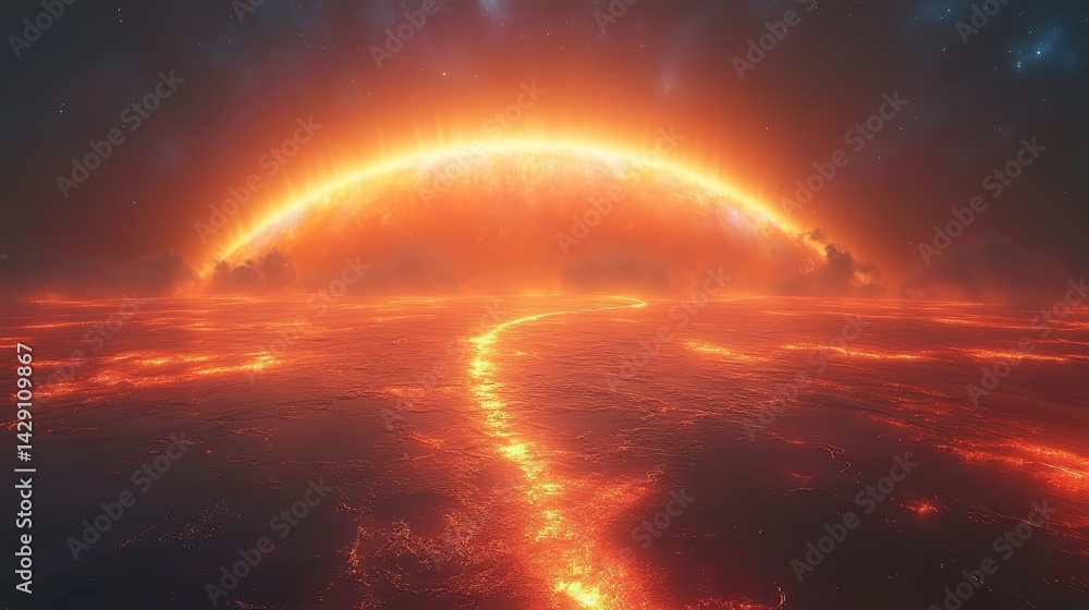 Fototapeta premium Scarlet filaments stretch towards a horizon of fractured rainbows