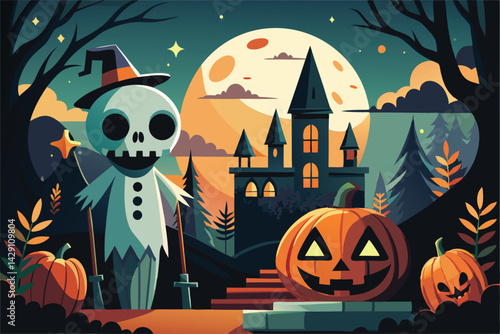 Spooky Halloween Night. Cartoonish Skeleton. Jack.o'.lantern and Castle