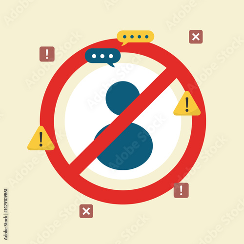 Blocking disturbing and annoying social media accounts. Breaking the rules, banned or blocked accounts or profile. Person symbol in red ban sign