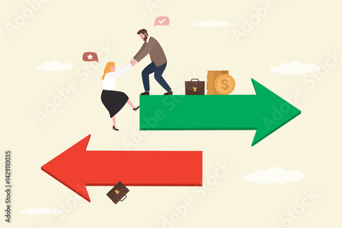 Businessman supporting businesswoman to climbing up to right way arrow from falling down business, teamwork helping from crisis to successful business.