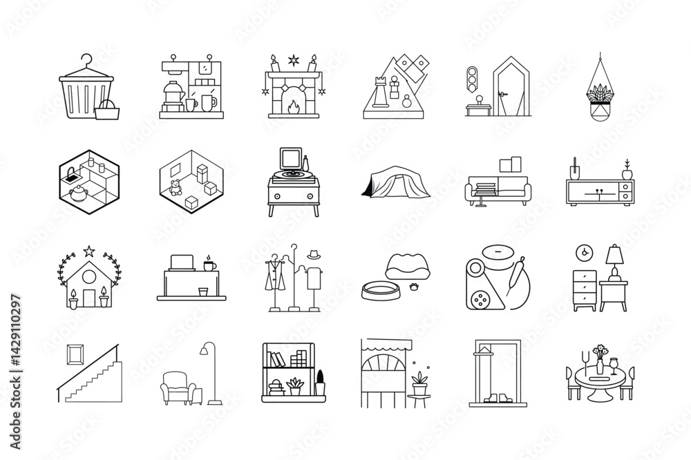Family Home Line Vector Illustrations Set Family Home Line Vector Illustrations Set