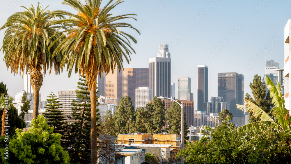 the skyline of los angeles with palm trees