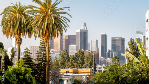 Obraz na płótnie the skyline of los angeles with palm trees w salonie