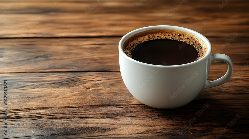 White Mug of Dark Coffee on Rustic Brown Wooden Table White Mug of Dark Coffee on Rustic Brown Wooden Table