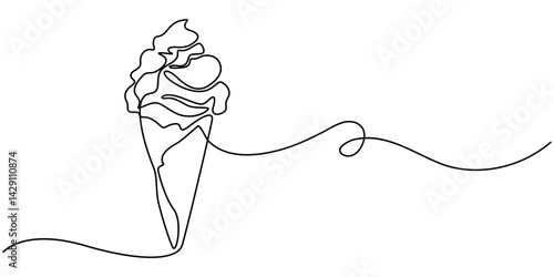 Cocktail glass with ice cream balls in continuous line art drawing style. Black line sketch on white background. Vector illustration, Continuous one line drawing of ice cream scoops on the glass bowl.