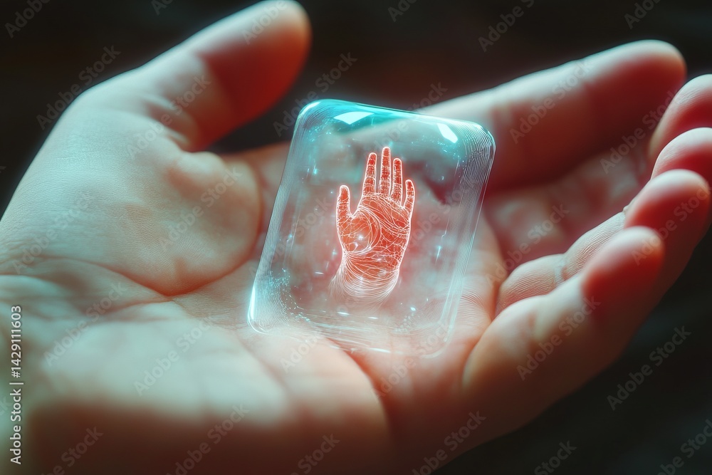 Display of a glowing hand embedded in a translucent object resting in an open palm
