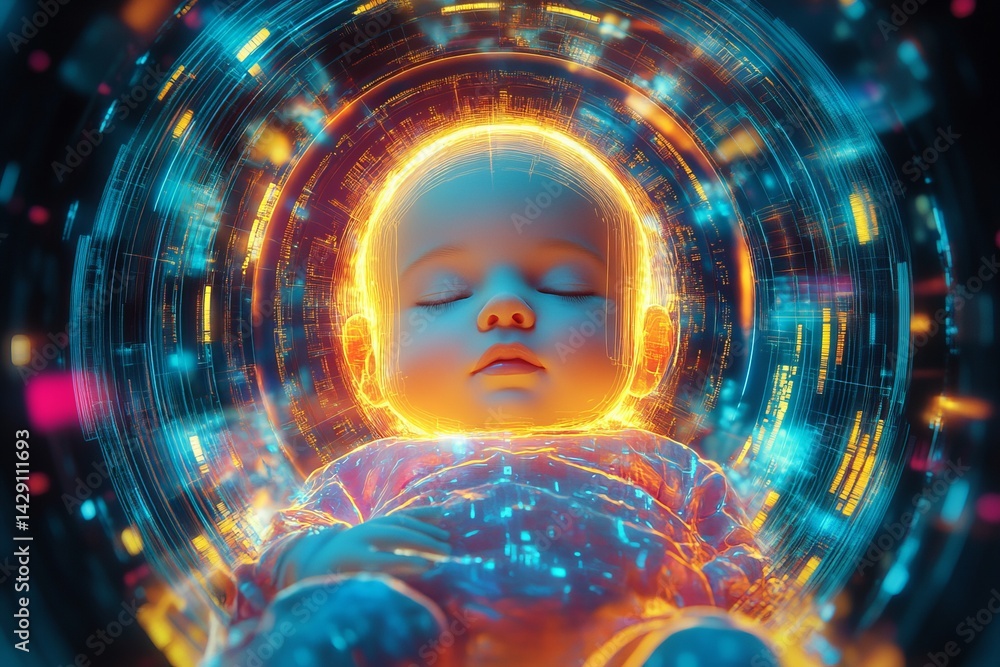 Futuristic depiction of a peaceful baby surrounded by glowing lights and digital patterns in a serene atmosphere