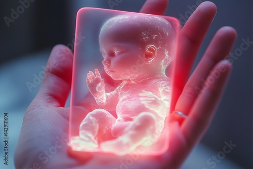 Innovative technology showcases a holographic baby model held gently in a hand