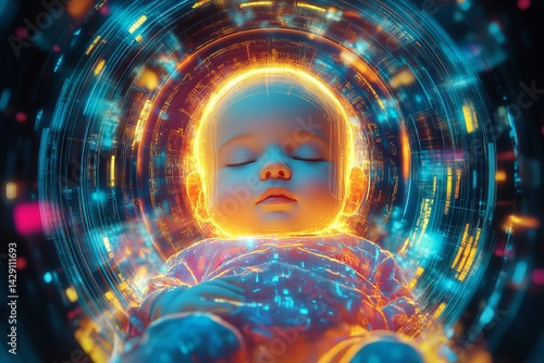 Obraz na płótnie Futuristic depiction of a peaceful baby surrounded by glowing lights and digital patterns in a serene atmosphere w salonie