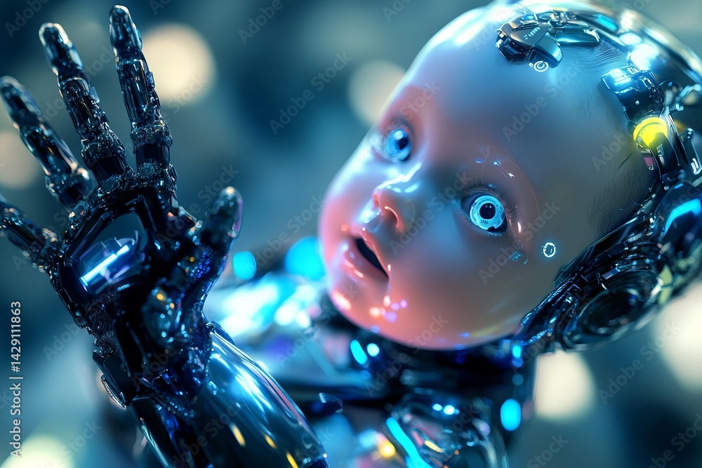 Futuristic robot doll with advanced features and bright glowing elements in a tech-inspired environment