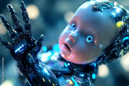 Obraz na płótnie Futuristic robot doll with advanced features and bright glowing elements in a tech-inspired environment w salonie