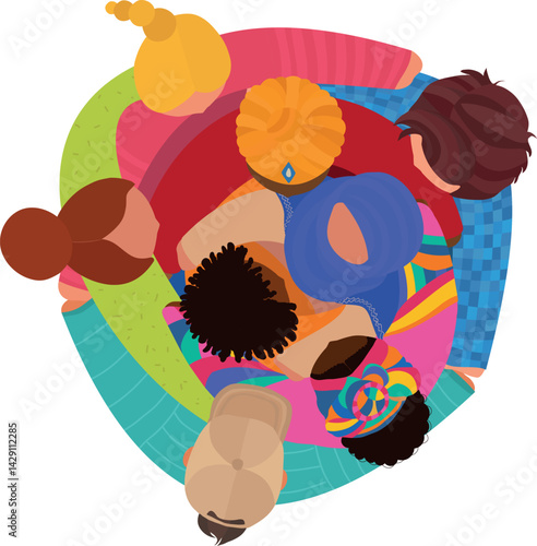 Isolated group of people in circle hugging each other from diverse cultures. Top view