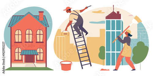 Building painter collection.  Group of maintenance paint worker in different pose.