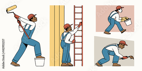 Building painter collection.  Group of maintenance paint worker in different pose.