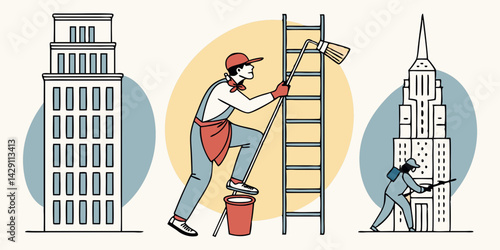 Building painter collection.  Group of maintenance paint worker in different pose.