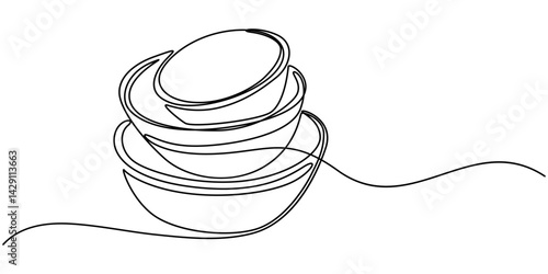 Continuous Line Drawing Of Stack Of Bowls. One Line Of Bowls. Kitchenware concept Continuous Line Art. Editable Outline, Stack of bowls in single line draw illustration. Continuous one line drawing.
