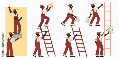 Building painter collection.  Group of maintenance paint worker in different pose.