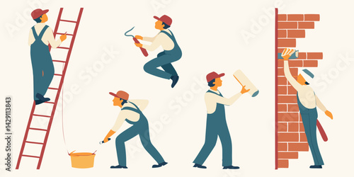 Building painter collection.  Group of maintenance paint worker in different pose.