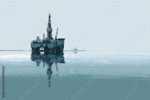 Tranquil Offshore Oil Rig at Sunset with Reflection in Calm Waters