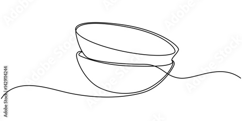 Continuous Line Drawing Of Stack Of Bowls. One Line Of Bowls. Kitchenware concept Continuous Line Art. Editable Outline, Stack of bowls in single line draw illustration. Continuous one line drawing.