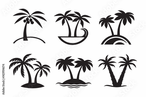 Black and white vector silhouettes of palm trees on tropical islands