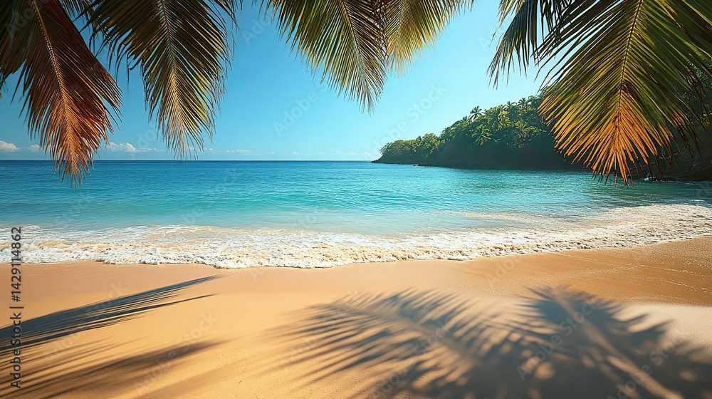 Fototapeta premium Shadows cast by palm leaves on a sun-drenched sandy beach