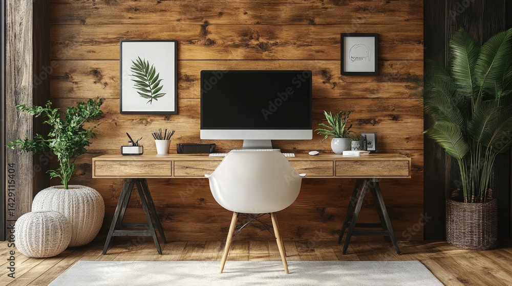 Fototapeta premium Home office setup with computer wooden desk chair plants and wall art.