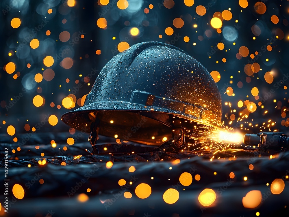 Sparks from a welder s torch illuminate an industrial worker s helmet