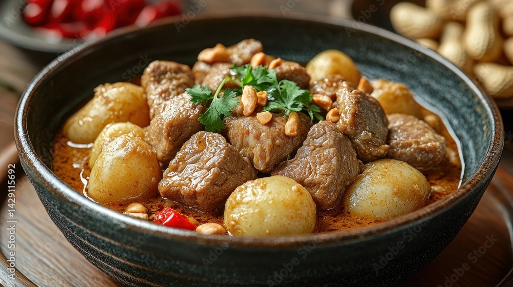 Bowl of savory, meat and potato stew with herbs Bowl of savory, meat and potato stew with herbs