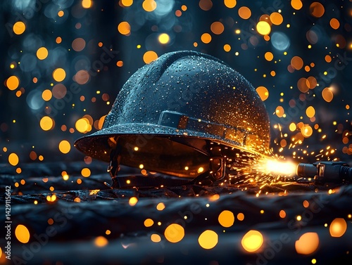 Obraz na płótnie Sparks from a welder s torch illuminate an industrial worker s helmet w salonie