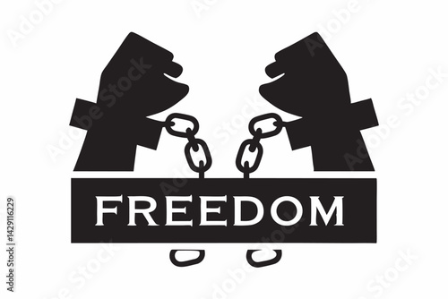 Symbol of freedom with broken chains and hands silhouette on white background